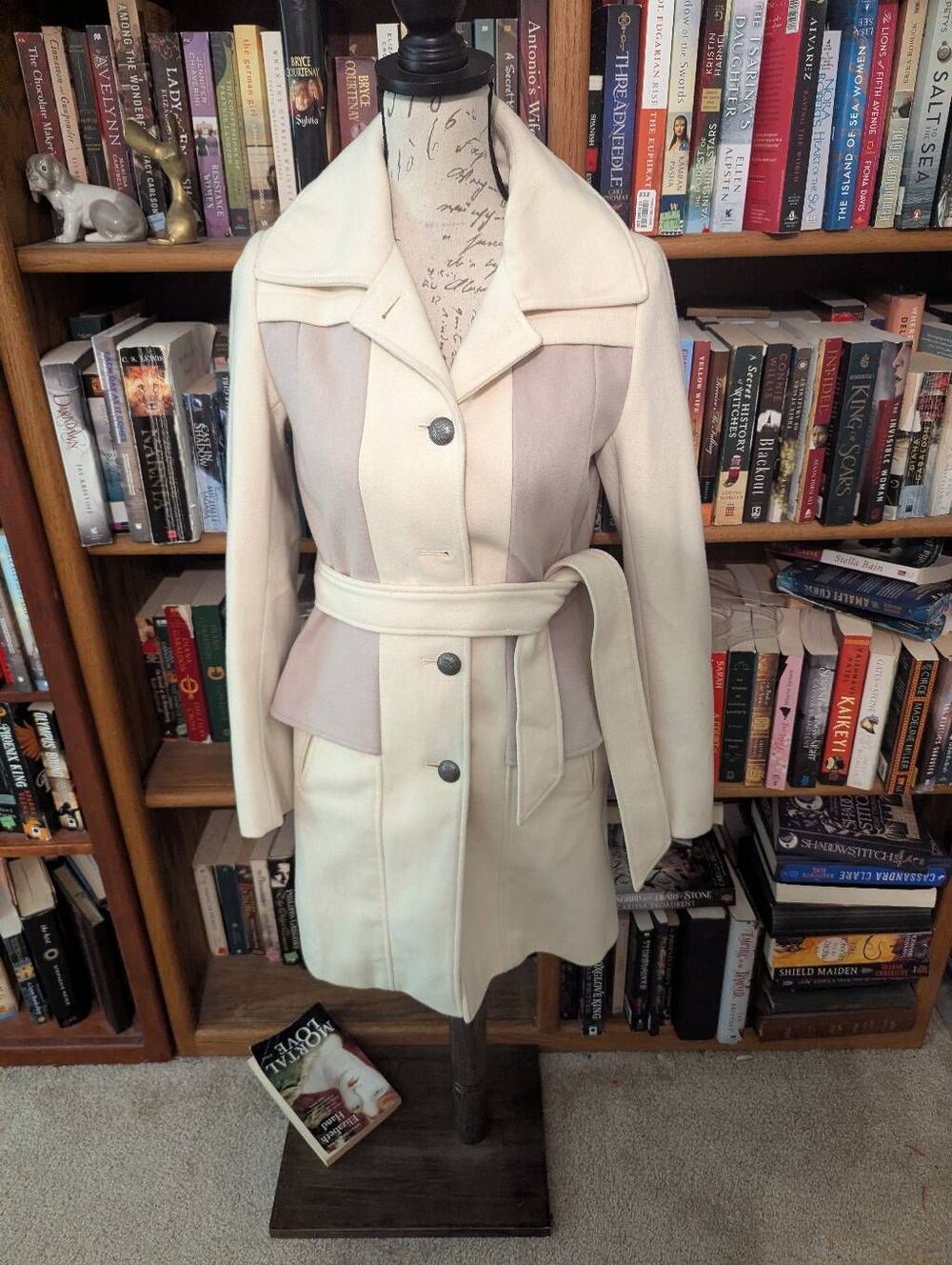 Anthropologie Elevenses Cream Colorblock Wool Blend Belted Peplum Coat Size 2